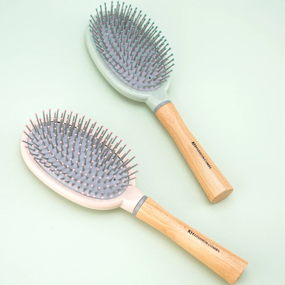 Natural Wood Handle Air Cushion Hair Brush - Soft Round-Tip Nylon Pins for Gentle Detangling & Scalp Massage Oasis Select