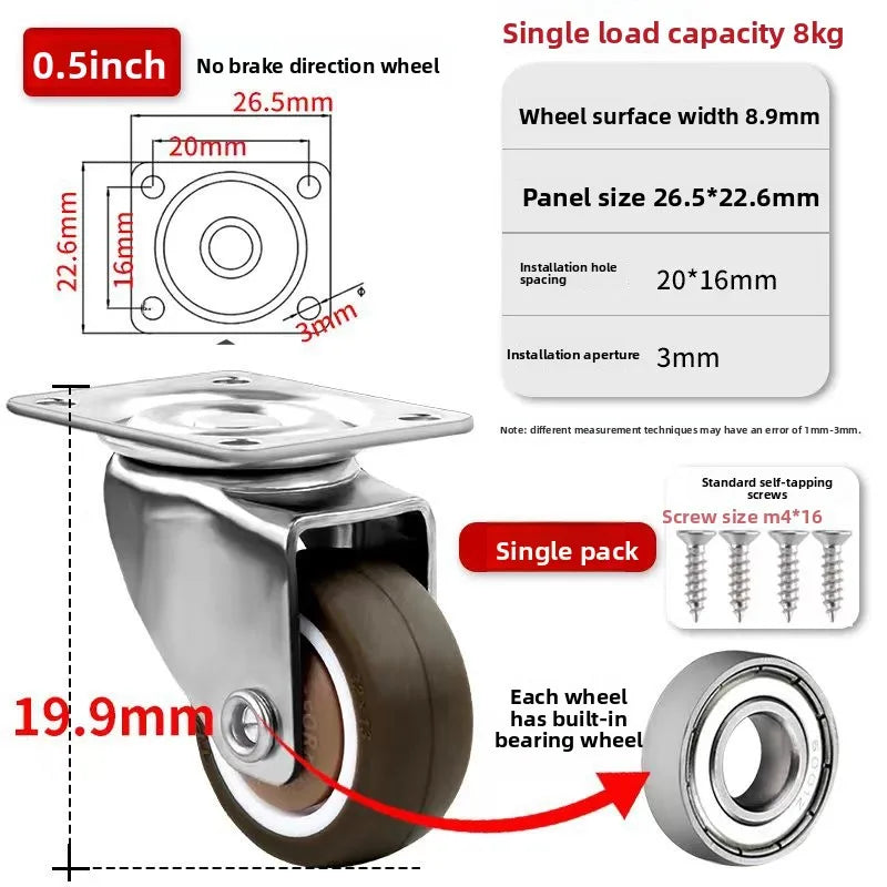 1Pcs Side-Mounted Casters, Silent Rubber Wheels, Drawer Caster, for Furniture, Kitchen Cabinet, Table, Loading Capacity 20KG Oasis Select C with screws