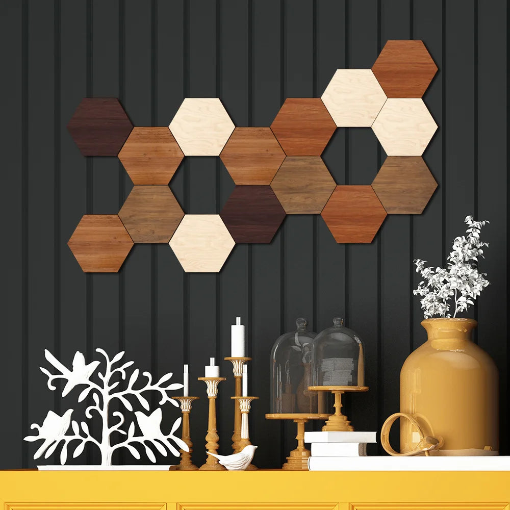 Creative Three-dimensional Combination Hexagonal Wooden UV-printed Wall Stickers for Home Background Wall Decoration Oasis Select