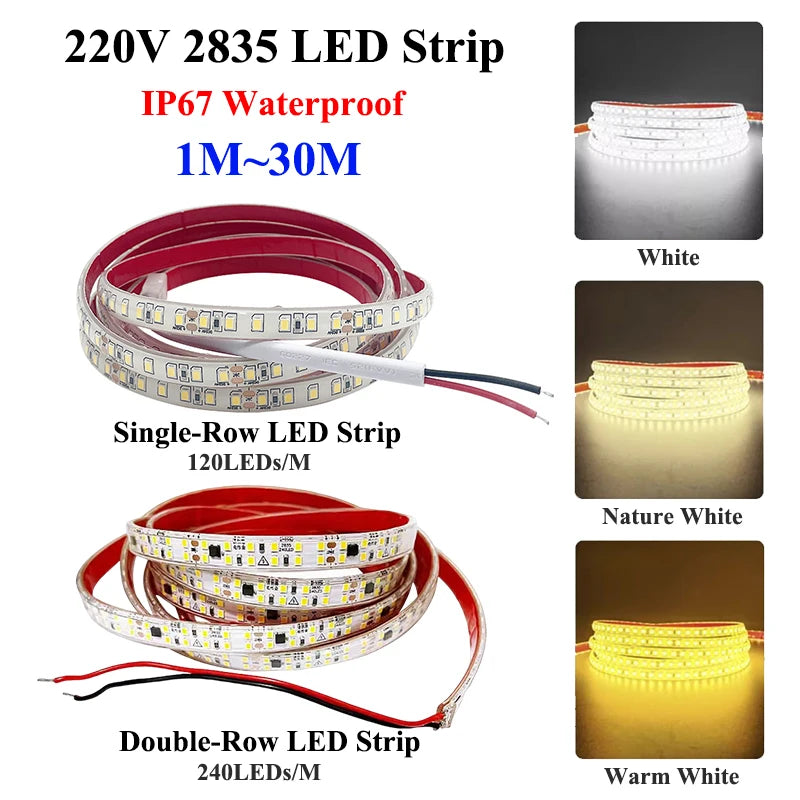 LED Lights Strips AC 220V SMD 2835 Outdoor LED Lights Waterproof 1M-30M AC 220 V LED Strips Self-Adhesive Lights Decor For Room Oasis Select