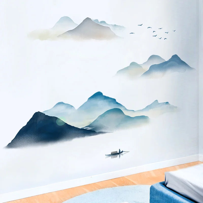 Ink Smudge Light Blue Mountain Background Wall Decoration Stickers Bedroom Bedside Chinese Artistic Conception Wall Stickers Oasis Select