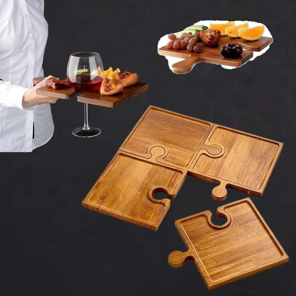 4-Piece Interlocking Wooden Serving Tray Set | Puzzle Design