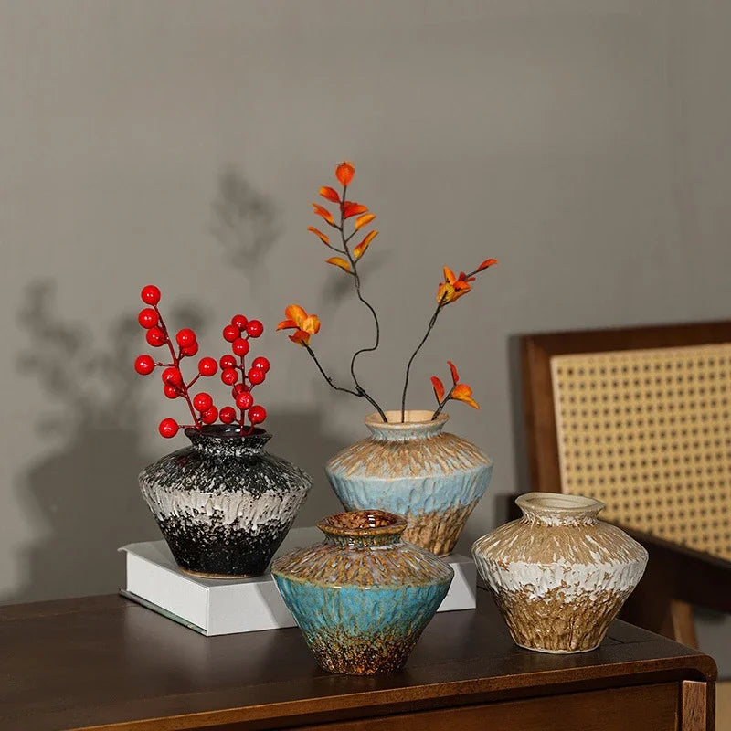 European Style Retro Style Ceramic Vase Living Room Advanced Sense Coarse Clay Pot Simple Dried Flower Arrangement Decoration Oasis Select