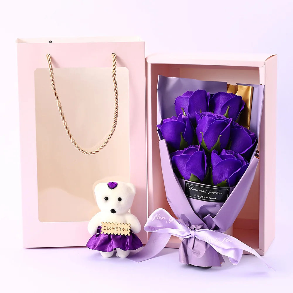 Romantic Fake Rose Bouquet in Gift Box with Cute Teddy Bear Premium Soap Flower Arrangement Perfect Gift for Valentine's Day Oasis Select C