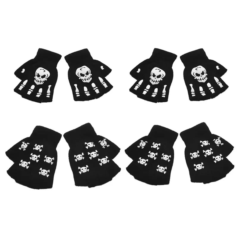 1-4pair Gloves Unisex Halloween Skeleton Skull Half Finger Gloves Glow In The Dark Fingerless Stretch Knitted Winter Mittens Oasis Select 4pair-mix