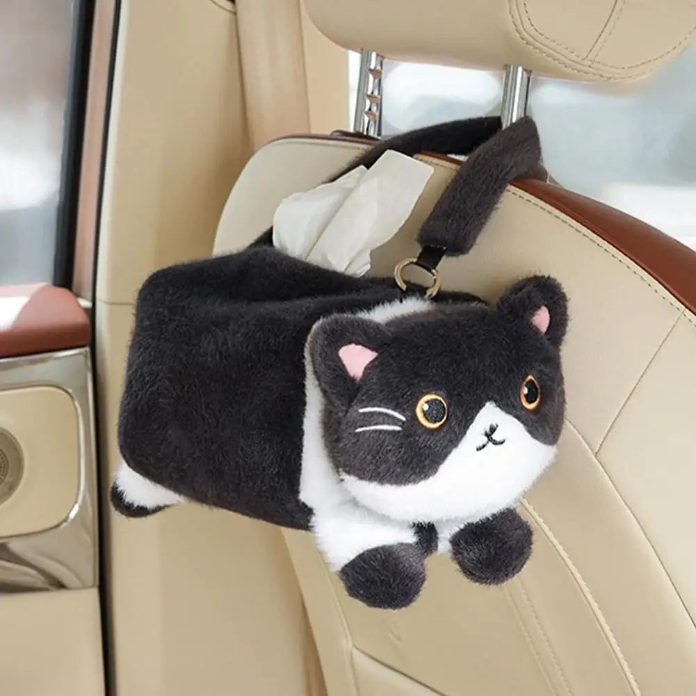 Cute Cat Plush Car Tissue Box Holder – Hanging Dispenser