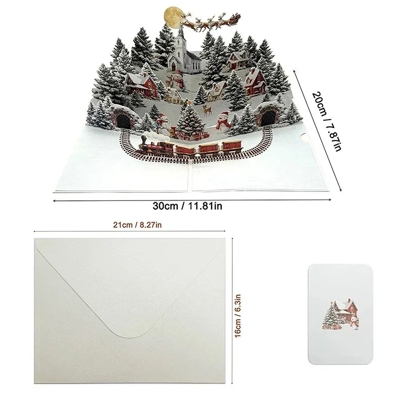 3D Christmas Card Night Before Christmas Scene With Santa, Reindeer, Snowy Village & Moonlit Sky Festive Holiday Greeting Card F Oasis Select