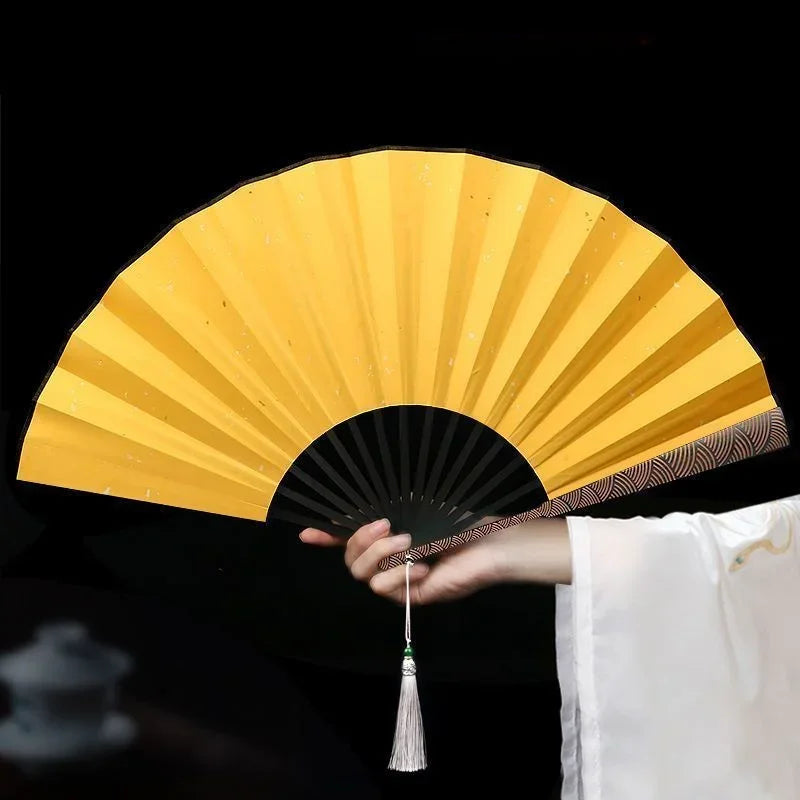Cloud Pattern Fine Carved Rice Paper Folding Fan Black Sprinkled Gold Silk Cloth Antique Sea Wave Pattern China-Chic Fan Oasis Select