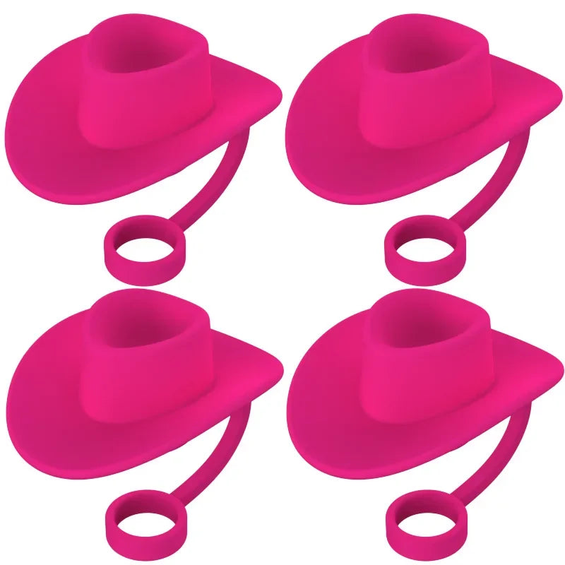 4pcs Cowboy Hat Suction Straw Cap For Stanley Cup 40 Oz Silicone Suction Straw Dust Plug Silicone Dust Cap 6-10mm General Size Oasis Select Cowboy hat rose red