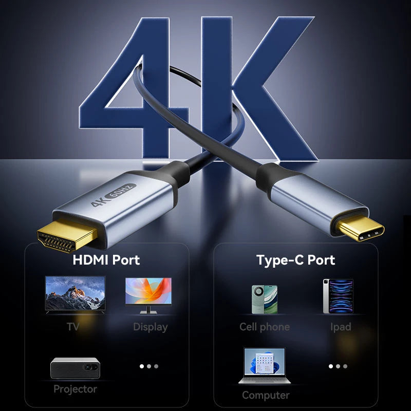 4K Type-C To HDMI Cable 4K@60Hz 2K@120Hz Type C HDMI Cables HDMI-Compatible Converter Adapter For Thunderbolt 3/4 Laptop TV Oasis Select