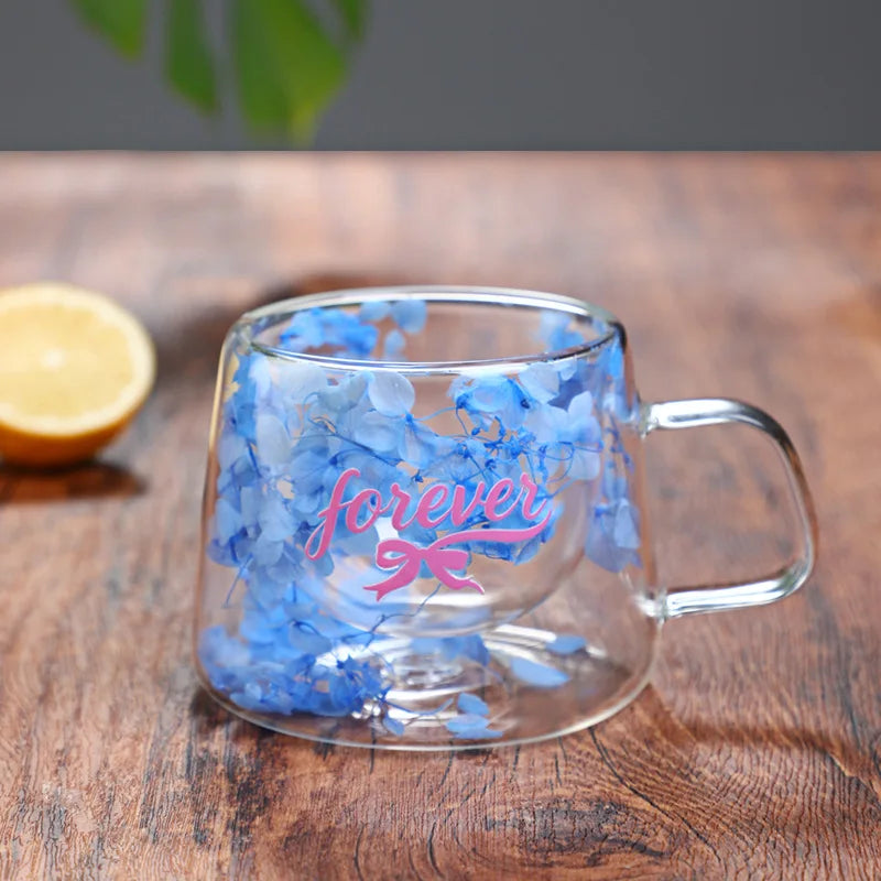 200ml Double Walled Glass Mug Cup Coffee Mug with Dry Flowers Decorative Creative Flower Mug Home Water Cup Drinking Glasses Oasis Select Blue 200ml