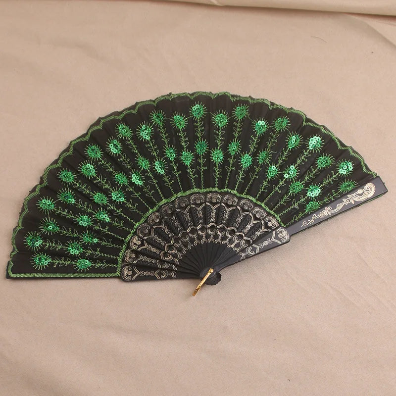 Silk Fan Folding Fan Wedding Art Gifts Peacock Sequin Dancing Fan Hand Held Fan Home decoration Oasis Select A