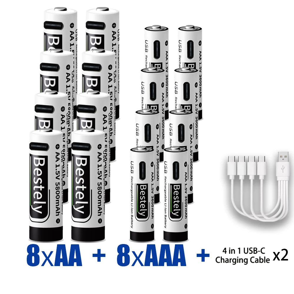 AA+AAA Rechargeable Batteries 1.5V Li-ion Battery Long-Lasting High Capacity Lithium, 2000 Cycle with Free USB-C Cables Oasis Select 8AA 8AAA