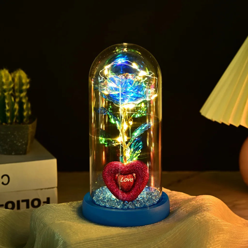 Romantic Rose Ornament Delicate Led String Lights Decoration Glass Dome Rose Charming Luxury Glass Display Rose For Home Decor Oasis Select Blue