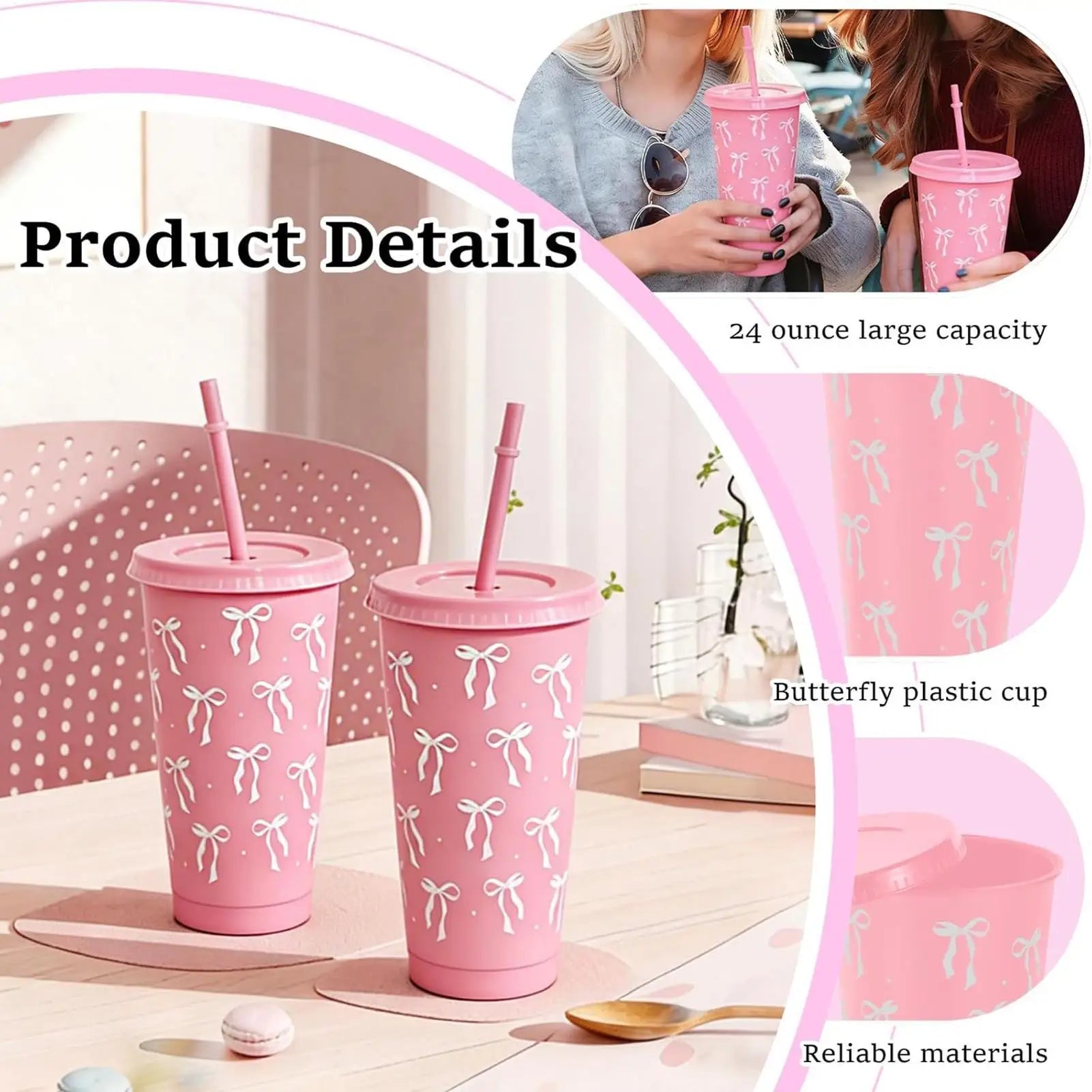 straw cup 12Pcs Reusable Party Cups with Straw Lid For Ice Coffee Juice Tea Cute Bowknot Plastic Cups Portable Drinking Cups Oasis Select