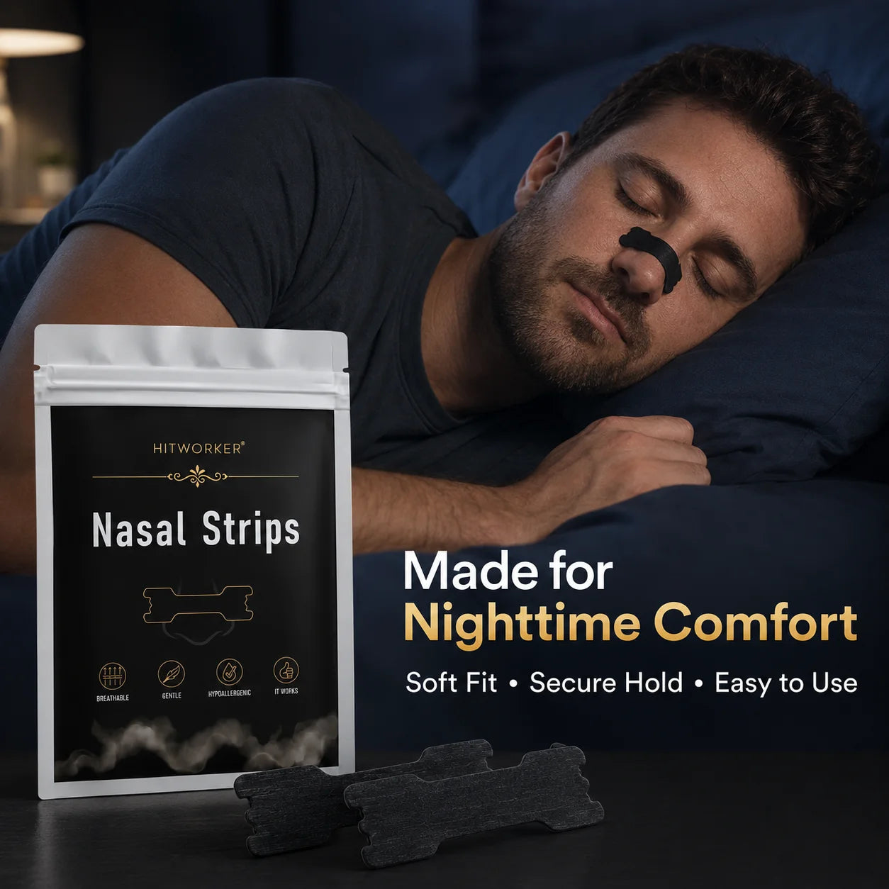 HITWORKER Black Nasal Strips Breathable Nose Strips Flexible Support Nose Tape Skin-Friendly Adhesive Comfort Fit for Day Oasis Select