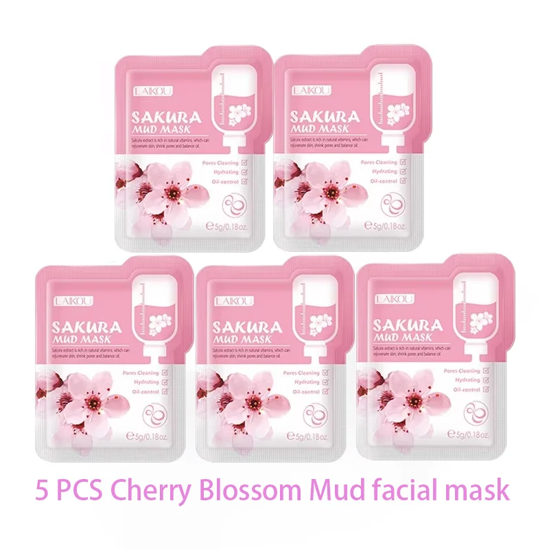 LAIKOU 5Pcs Mix Mud Mask 5g Eggplant Tea Tree Matcha Sakura Deep Cleansing Oil Control Blackhead Remover Hydrating Facial Mask Oasis Select sakura