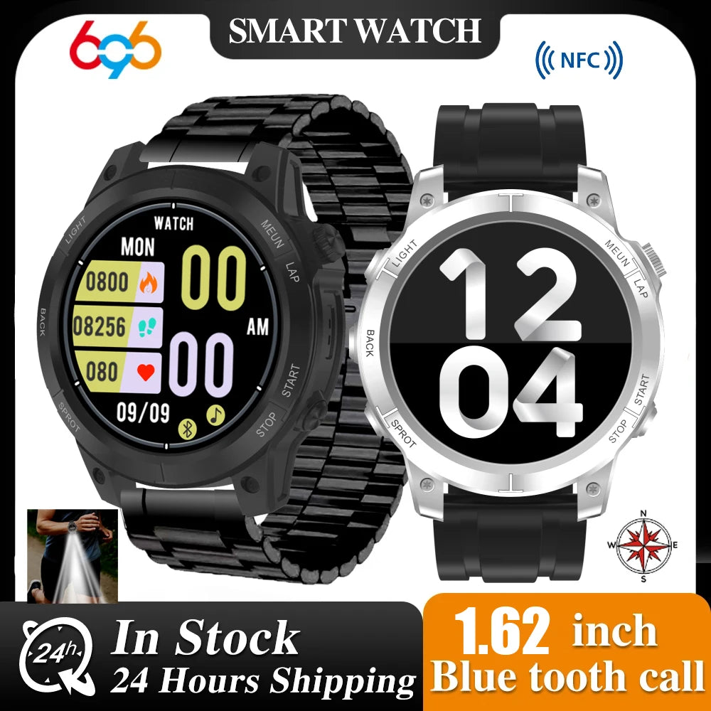 Men Smartwatch Waterproof Health Monitor Blue Tooth Call 1.62" Outdoor Smart Watch Compass LED Lighting Map Sport Fitness Music Oasis Select