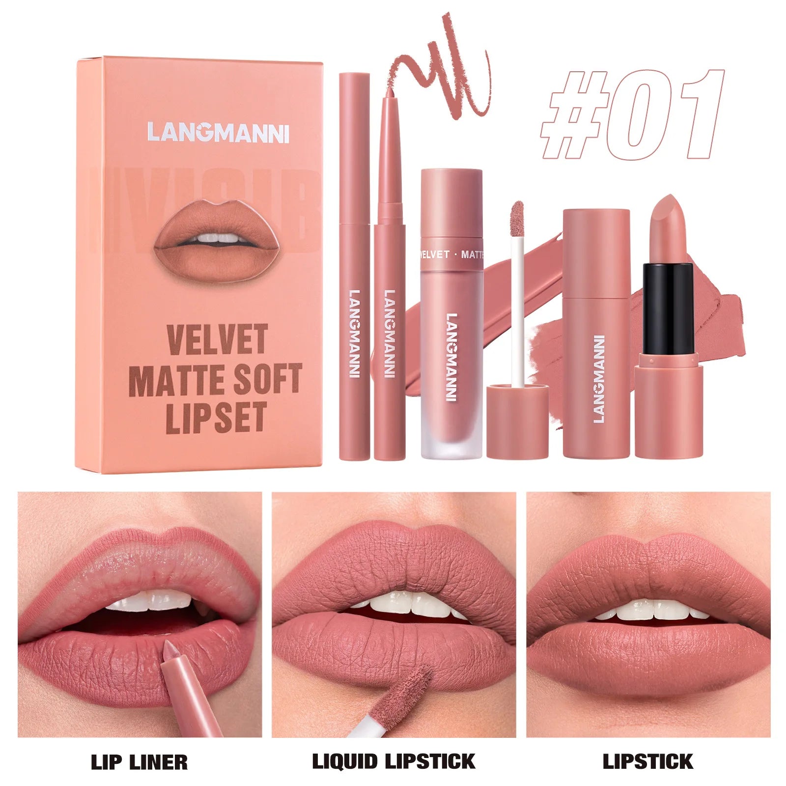 LANGMANNI 3-Piece Matte Lip Kit – Liquid Lipstick & Lipliner