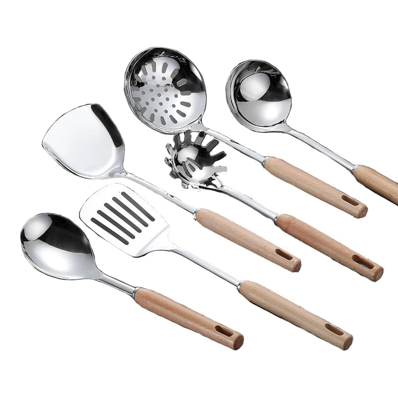 6-Piece Wooden Handle Stainless Steel Kitchen Utensil Set Kitchen Utensil Set Oasis Select 6PCS