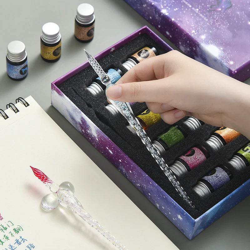 Starry Sky Glass Pen Set Signature Pen Crystal Student Dip Pen Glass Dip Pen Stationery Gift Pen Oasis Select