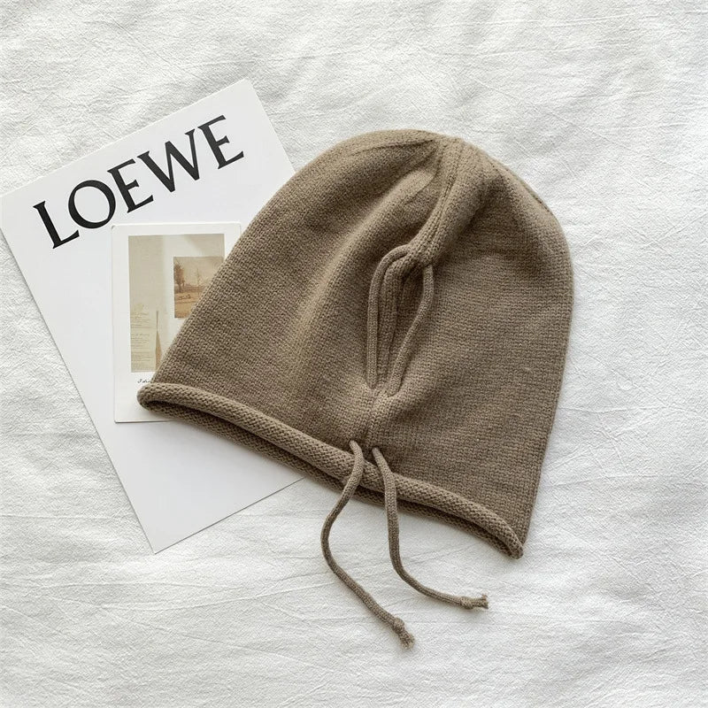Knitted Bonnet Hoods Female Winter Warm Baggy Slouchy Beanies Hat Women Fashion Drawstring Pullover Cold Hats for Ladies Winter Oasis Select Khaki