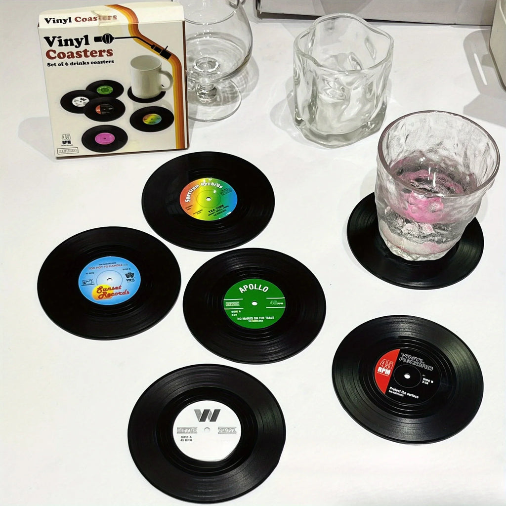 6pcs Vinyl Record Coasters Absorbent Retro Style Home Decor Hot Coffee Cup Placement Pads Effective Protection of The Desktop Oasis Select