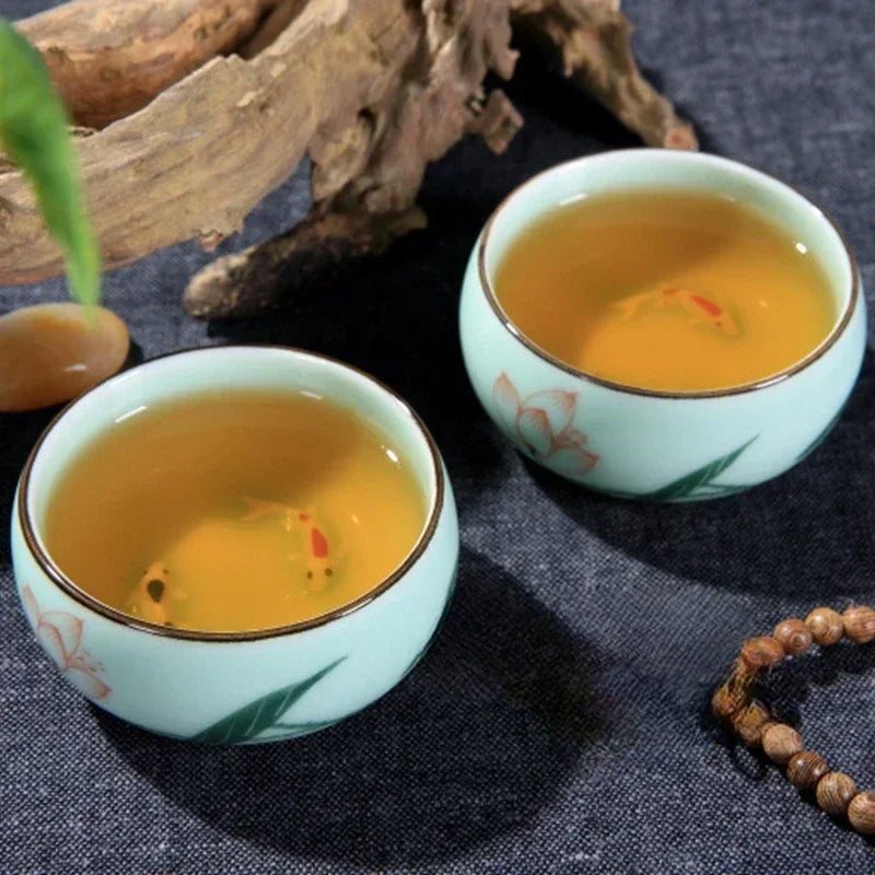 Tea Cup Ceramic 1PC Celadon Hand-painted Landscape Lotus Carp Tea Bowl Chinese Style Host Mountains and Waters Oasis Select