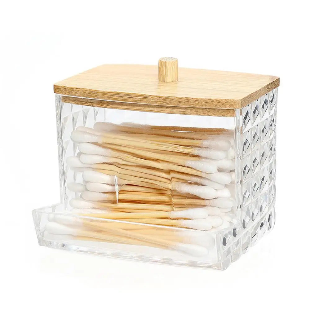 Acrylic Cotton Swab Holder with Bamboo Lid - Clear Cotton Swab Dispenser Bathroom Container Cotton Swab Canister Oasis Select A