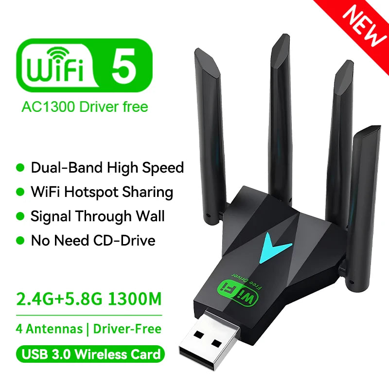 Dual Band 1300Mbps WiFi USB Adapter 2.4G/5Ghz Wi-Fi Dongle USB3.0 802.11AC 4-Antenna Wireless Receiver For PC/Laptop Driver Free Oasis Select