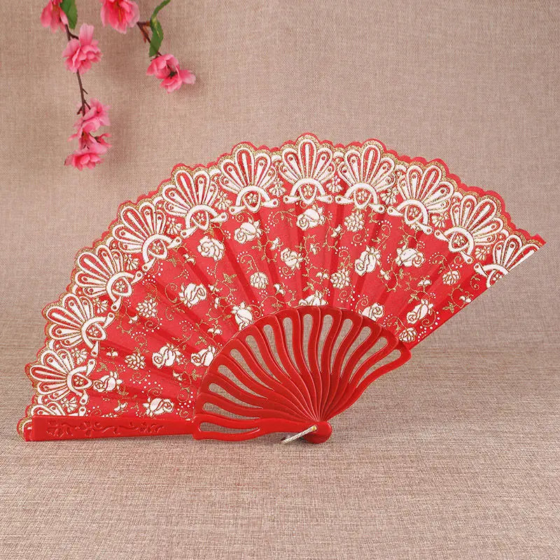 Little Flower Rose Folding Fan Ancient Style Held Dance Fans Party Wedding Prom Dancing Summer Fan Accessories Oasis Select Red-1pc