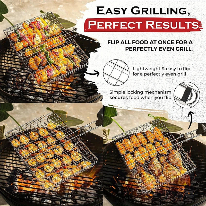 Folding Stainless Steel BBQ Grill Basket – Fish, Veggies & Shrimp BBQ Grill Basket Oasis Select