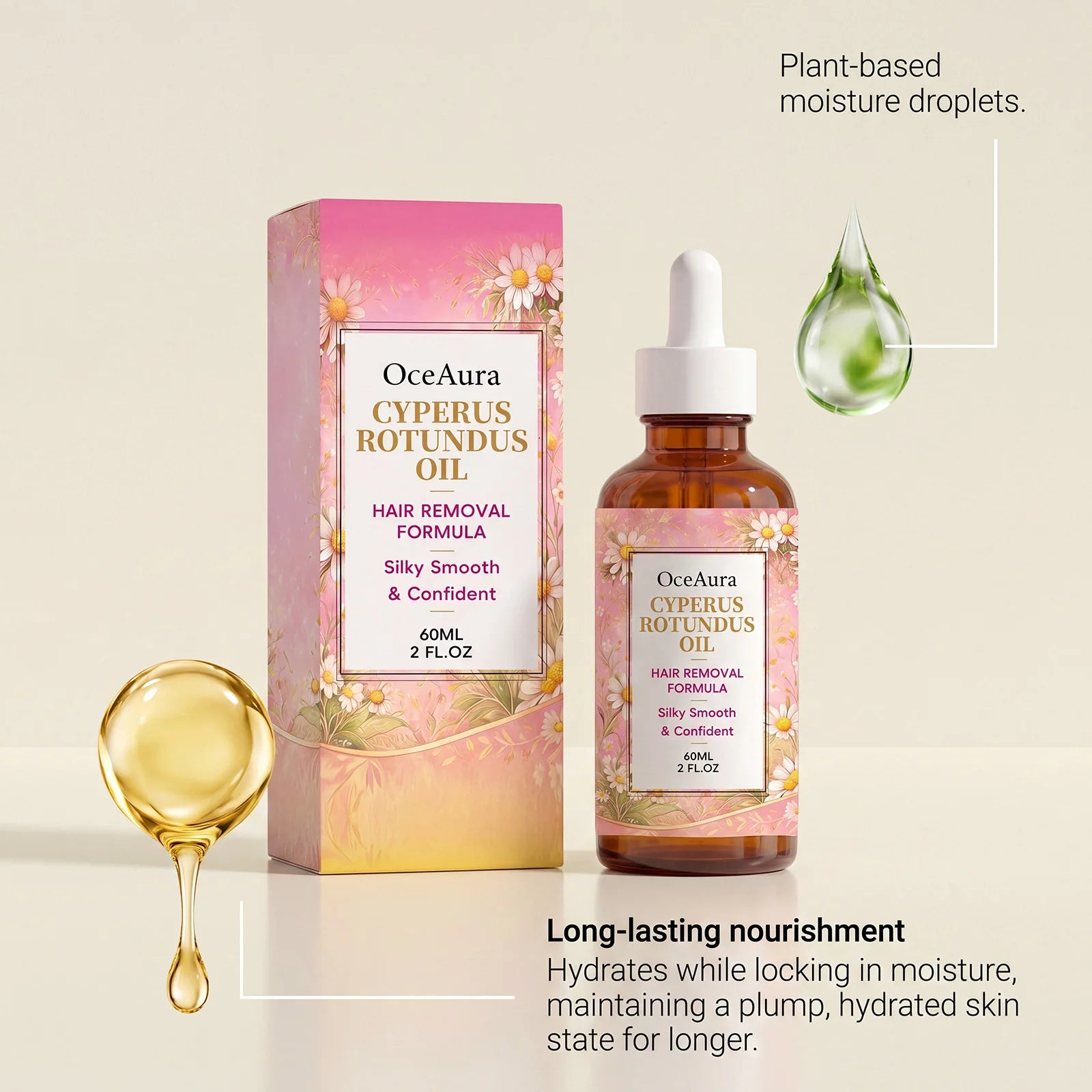 OceAura Cyperus Rotundus Oil Hair Removal Minimizing Oil After Shave Smoothing Hydrating Body Care Armpit Leg Arm 60ml Oasis Select