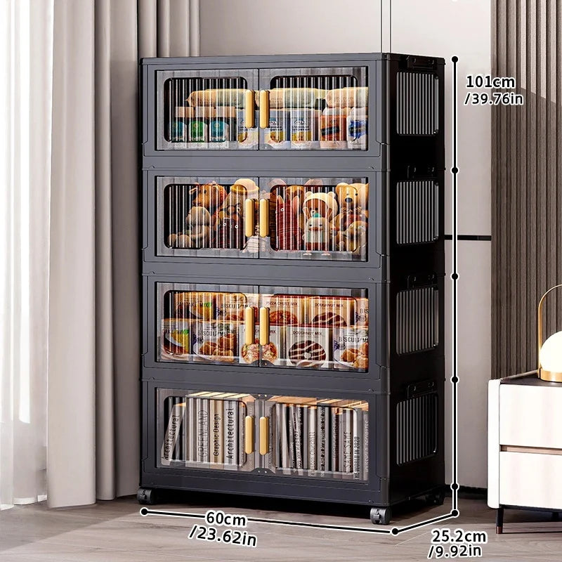 Foldable Clear Double-Door Storage Cabinet Large Space-Saving Mobile Organizer Dustproof Moisture-Proof for Kitchen Living Room Oasis Select 4 Tiers