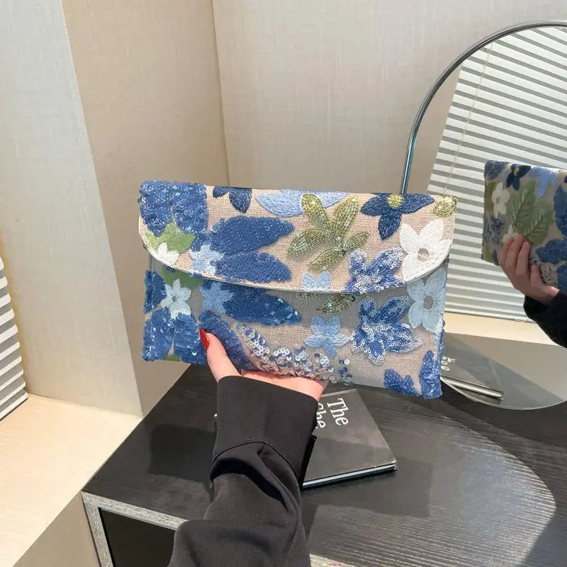 Sequin Floral Embroidery Evening Clutch Bag | Glitter Party Purse