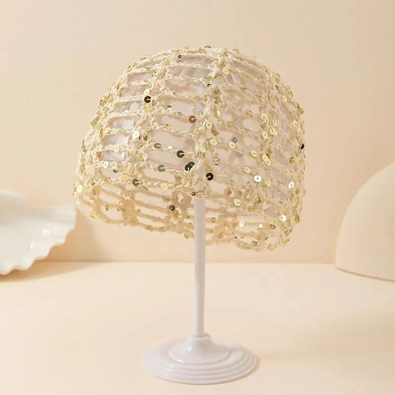 Y2K Sparkly Sequin Knit Beanie Hat – Sheer Hollow Party Cap