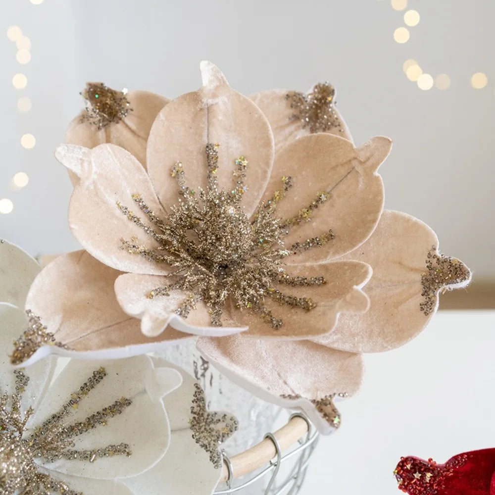 Christmas Artificial Poinsettia Glitter Flower Sequin Flannel Fake Flowers Photography Props Wedding Party Decoration Oasis Select