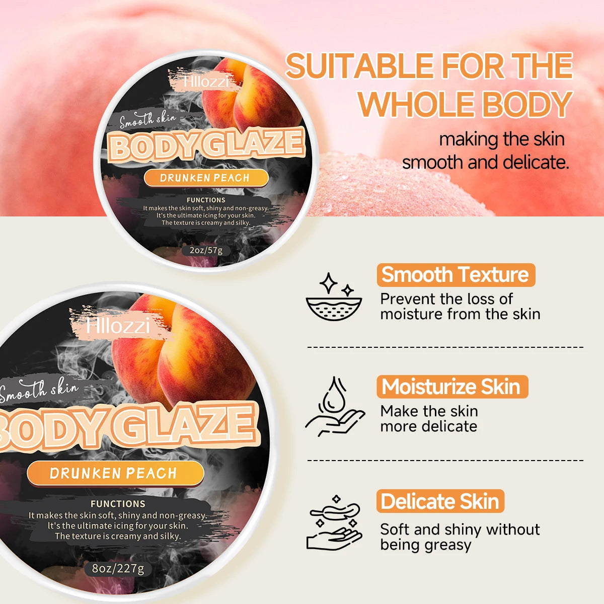 8oz 2oz Body Glaze Peach Moisturizes, Protects, and Repairs Skin Create a more even-looking skin tone Oasis Select