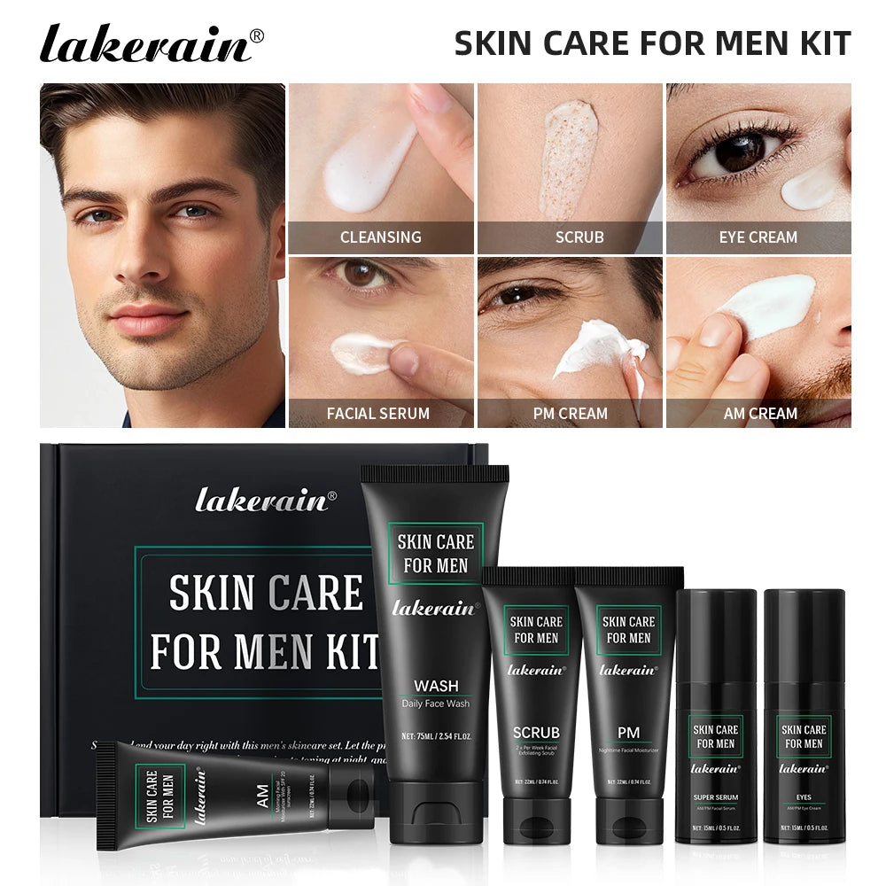 Lakerain Skin Care for Men Kit Oil Control Skin Firming Increase Hydrate Deep Cleaning Face 7 PCS Per Set Travel Skin Care Kit Oasis Select kit