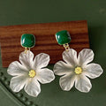 Obega White Flower Charm Square Metal Green Epoxy Drop Earrings For Women Bohemia Romantic Camellia Flower Dangle Earring Luxury Oasis Select AEH60280