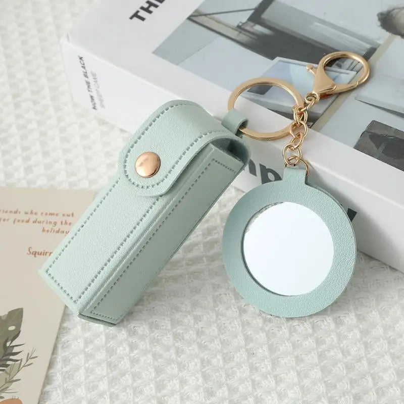 PU Leather Lipstick Holder Keychain with Flower Mirror