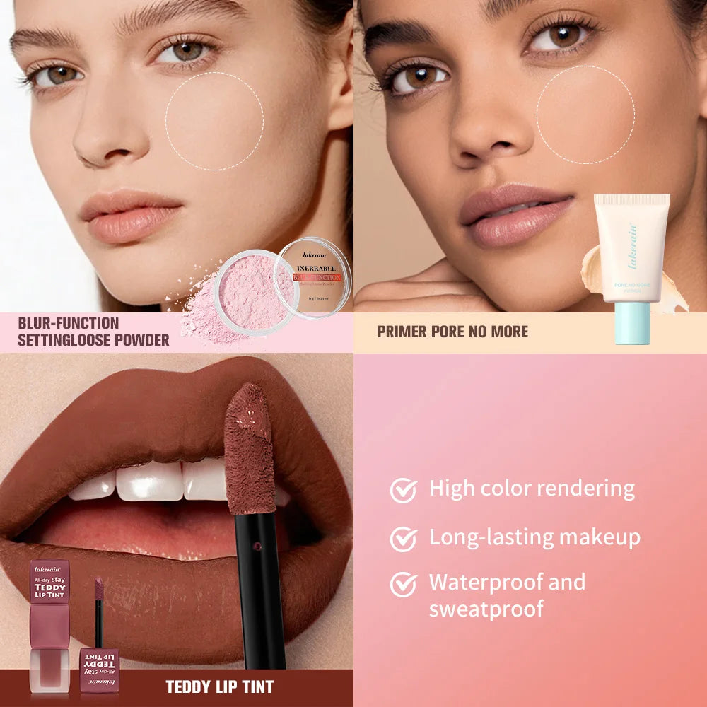 4pcs/set Pore No More Primer + Lip Tint + Loose Setting Powder Makeup Set Matte Long-Lasting Waterproof Effect Travel Portable Oasis Select