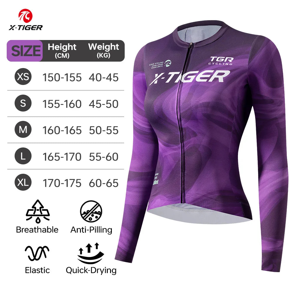 X-TIGER New Women Cycling Jersey Long Sleeve Breathable Quick-drying Purple Slim Fitting Cycling Clothing Pro Bicycle Racewear Oasis Select Purple Asia-M