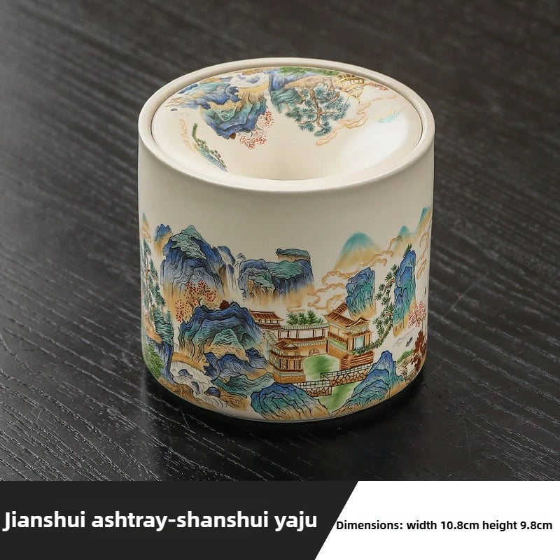 Shanshui Yaju Ru Kiln Ashtray with Lid Anti Fly Ash Office Smoke Cup Household Chinese Funnel Smoke Jar Ceramics Oasis Select A