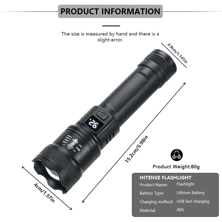 2000LM Zoomable Tactical LED Flashlight – USB Rechargeable Power Bank