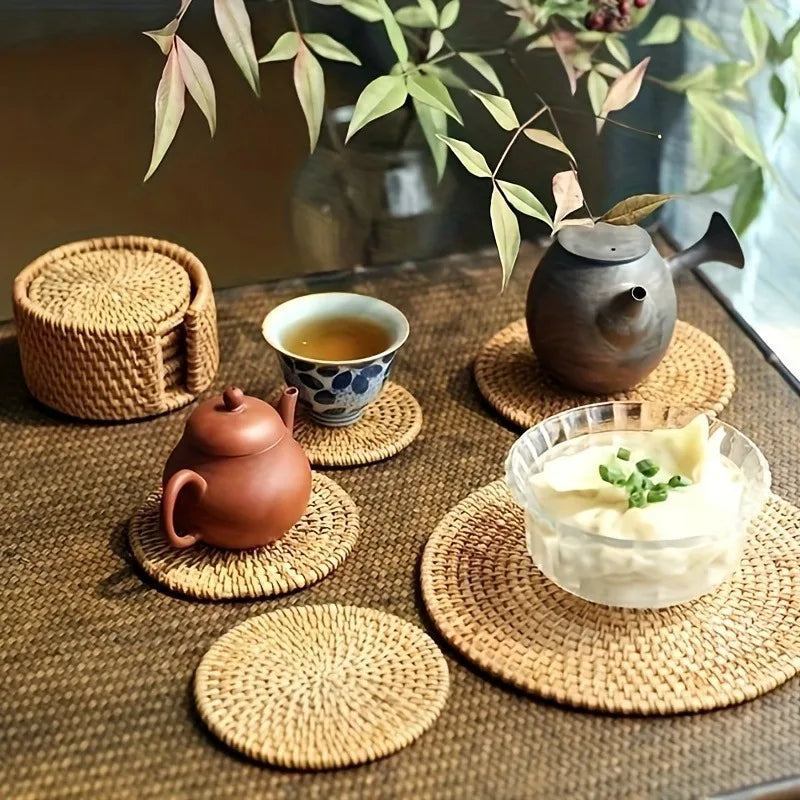 1/6pcs Handcrafted Rattan Coaster - Autumn Vine Design, Heat-Resistant Pot Mat for Kitchen & Dining, Wooden Tea Accessory Oasis Select