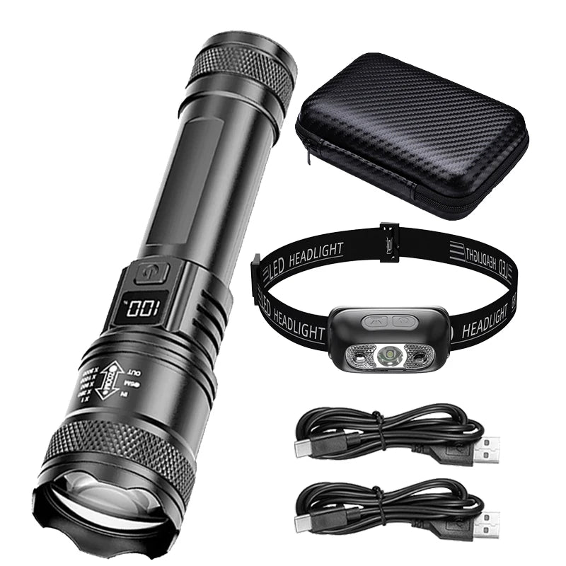 Rechargeable LED Flashlight Zoomable Torch with LCD Display 3 Modes Waterproof High Power Hand Light Outdoor Wilderness Camping Oasis Select Package List B ZOOM Built in battery