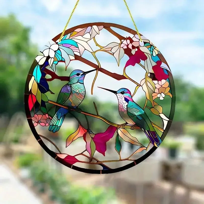 NEW Acrylic Painted Hummingbird Pendant Bird Floral Pattern Suncatcher Round Wreath Porch Window Outdoor Patio Hanging Ornaments Oasis Select Style E-15cm