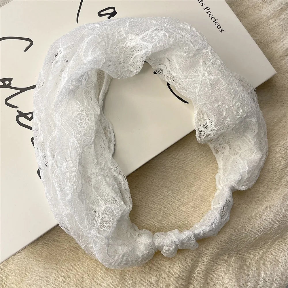Spring Summer Mesh Lace Headband Hollow-out Breathable Elastic Hair Wrap Lightweight Styling Hair Accessories for Women Oasis Select White