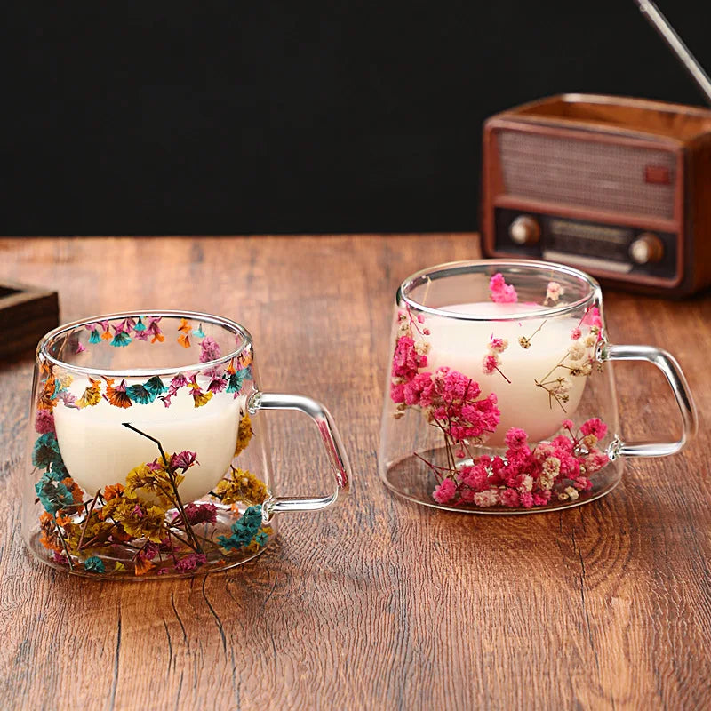 Petal Quicksand Coffee Cup High Appearance Level Dried Flower Real Flower Double Creative Drink Milk Glass Oasis Select